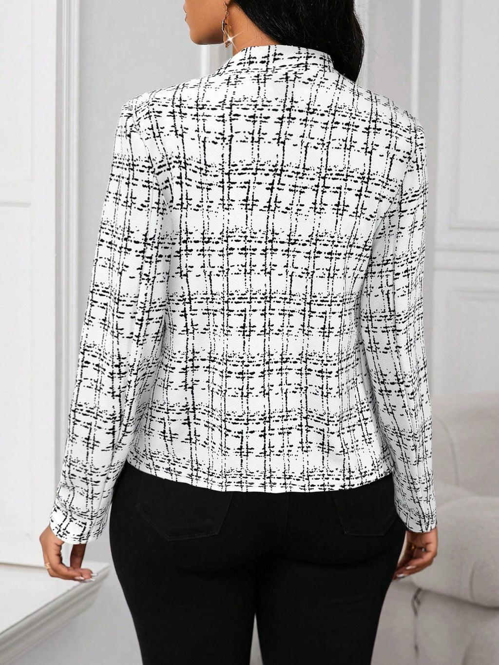 Lady Women's Elegant Elegant Plaid Print Open Front Blazer Jacket