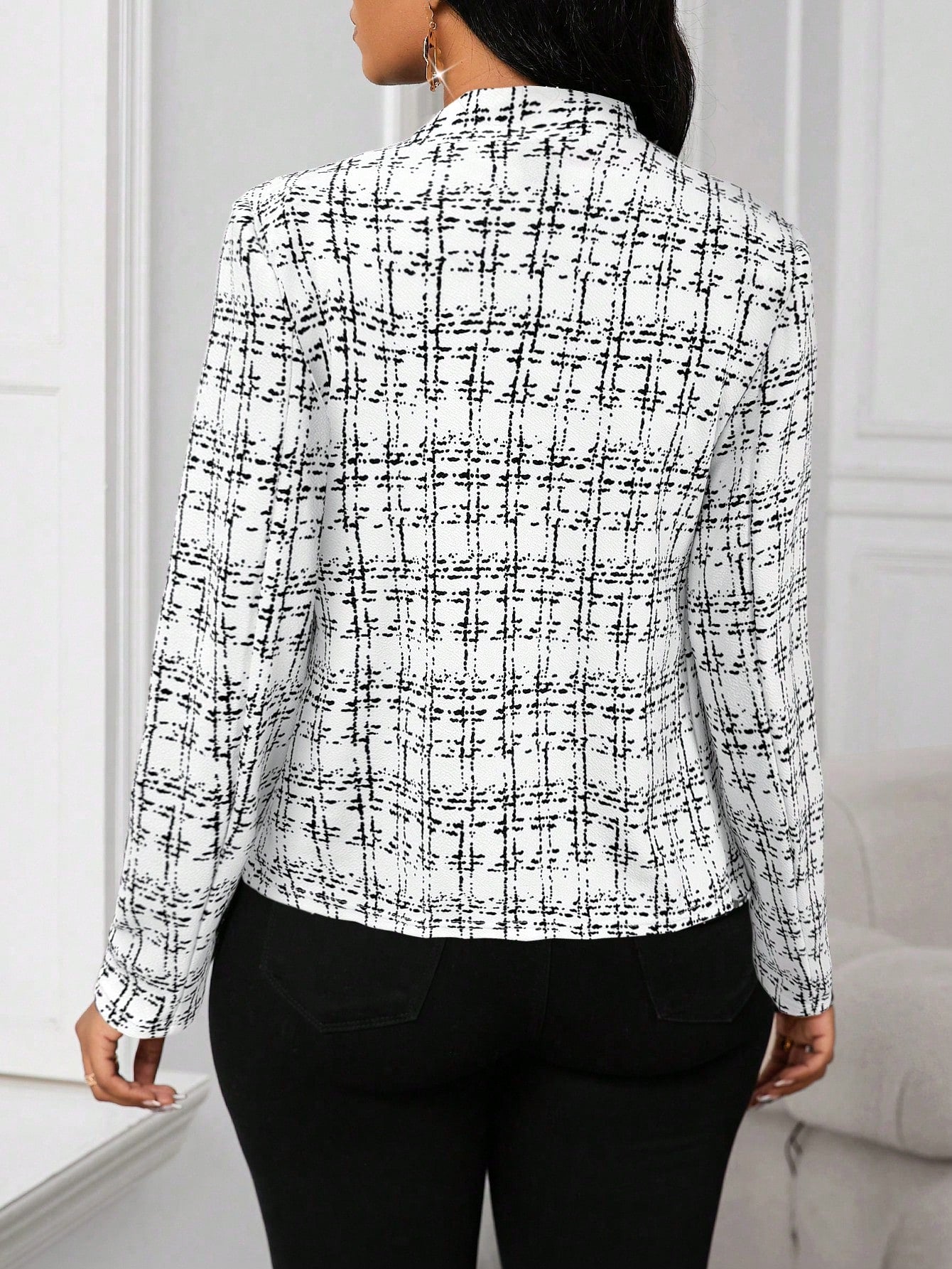 Lady Women's Elegant Elegant Plaid Print Open Front Blazer Jacket