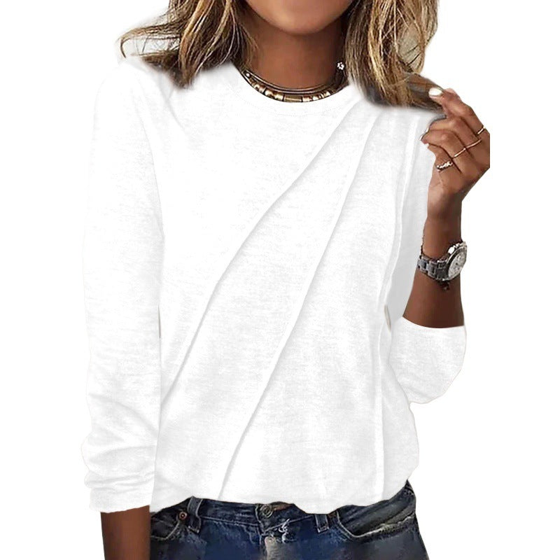 Solid Color Long Sleeve Pullover T-shirt Round Neck Top Women's Clothing
