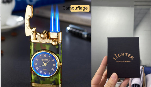 New Lighter With Electric Watch Rocker Arm Automatic Ignition Straight Blue Flame Lighter Creative Real Dial Inflatable Windproof Lighter Men's Watch Gift