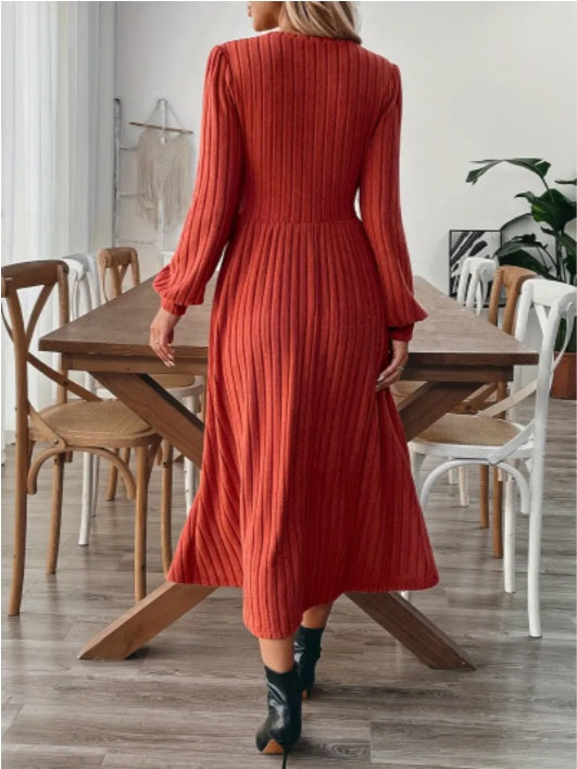 Elegant Maroon Ribbed Midi Dress For Women With Lantern Sleeves