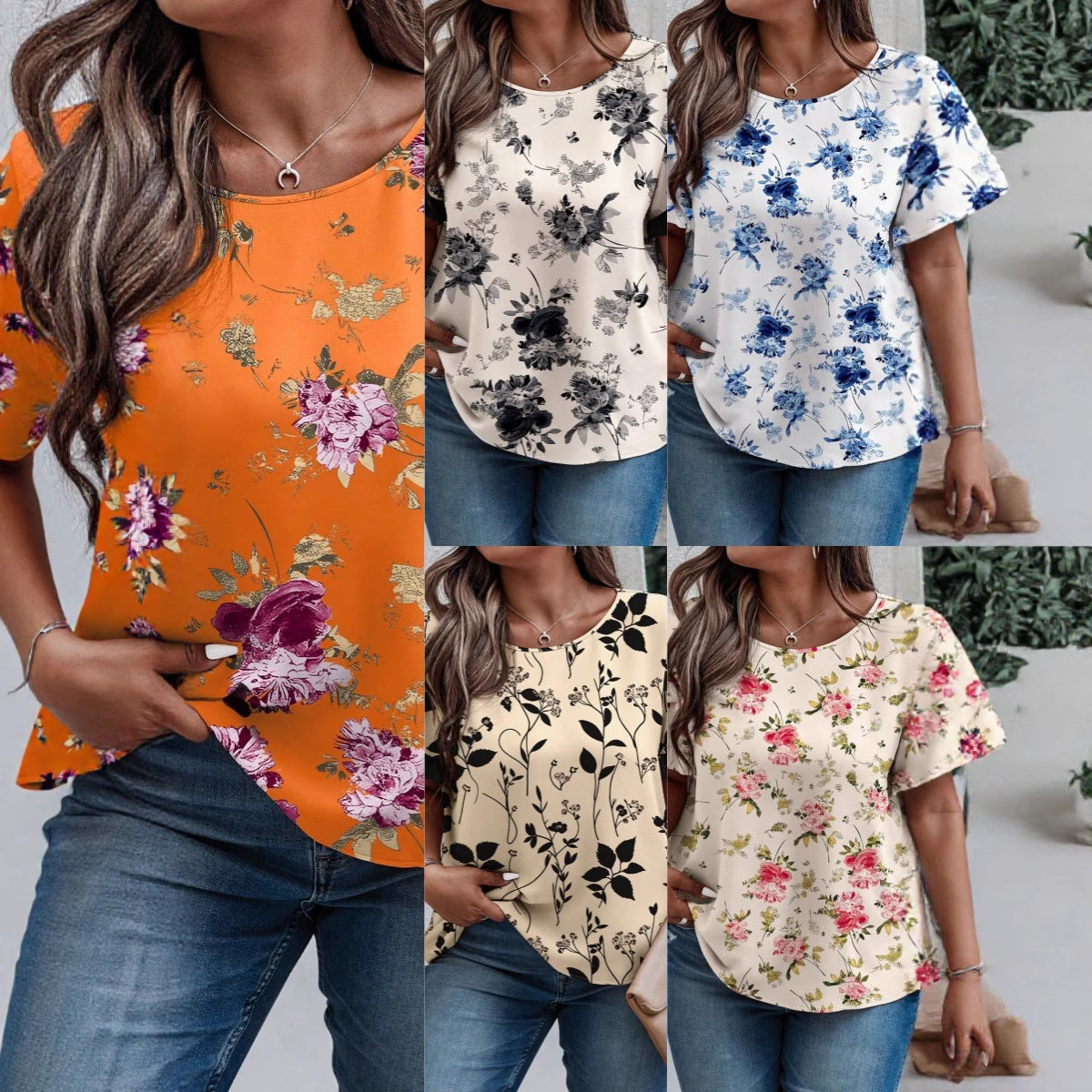 Round Neck Sleeve Stitching Pleating Printed Short Sleeve Casual