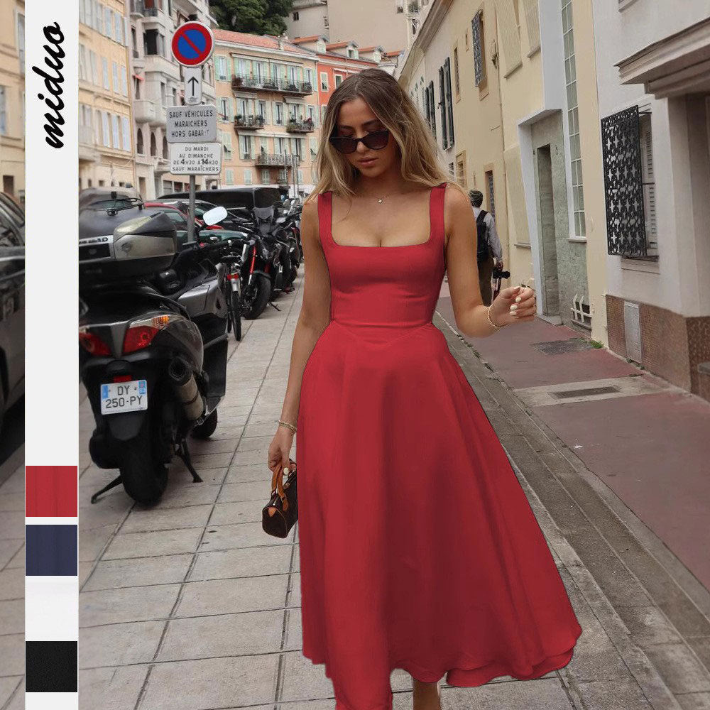 European And American Solid Color Square Collar Sleeveless Fitted Waist Backless Camisole Dress