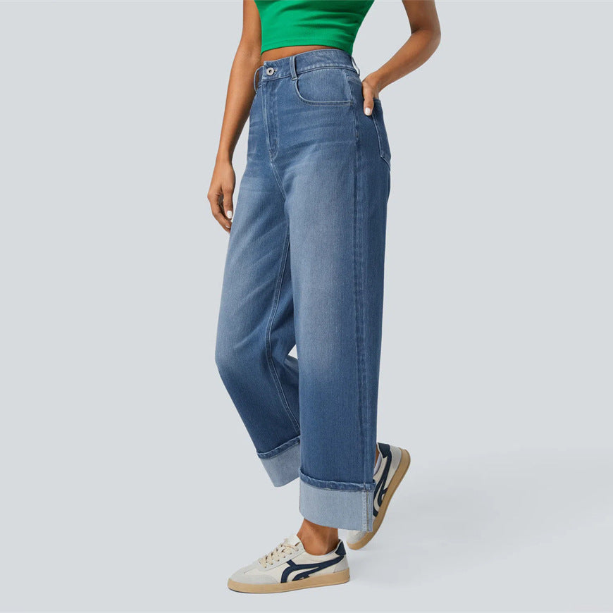 High-waisted Trousers-foot Curling Straight Jeans