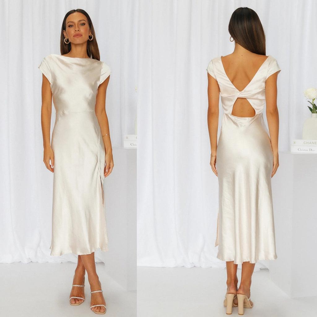 Solid Color Swing Collar Back Twist Hollow Short Sleeve Dress