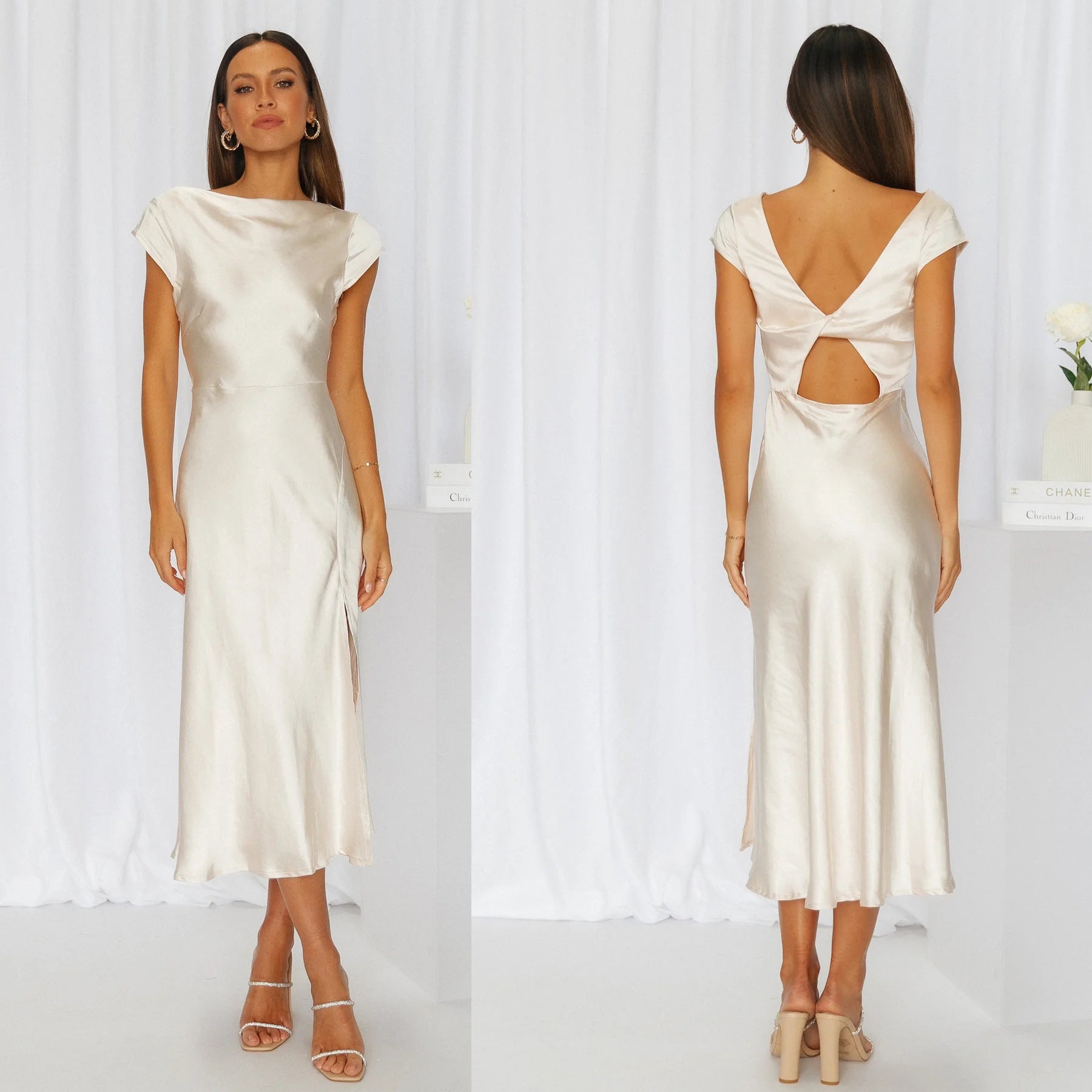 Solid Color Swing Collar Back Twist Hollow Short Sleeve Dress