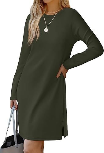 European And American Round Neck Slit Hemline At Hem Sweater Long Sleeve Casual Dress