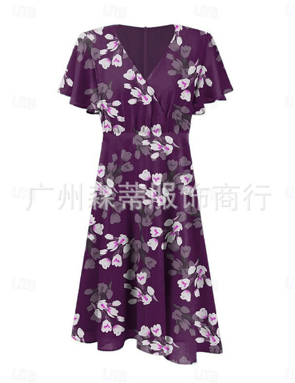 Summer Sweet Wind Ruffled V-neck Printed Waist-controlled Dress