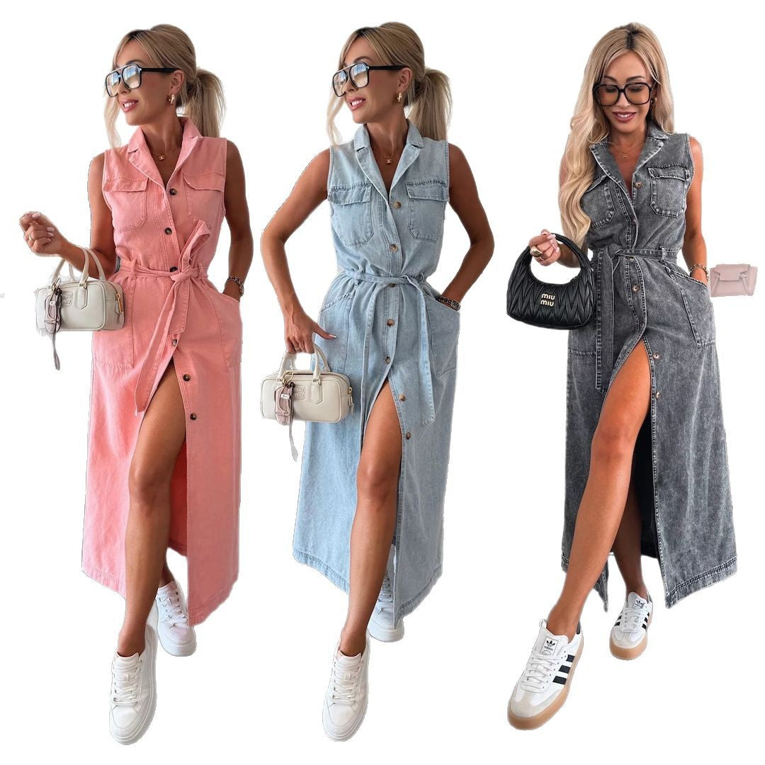 New Sleeveless Long Tie Waist-tight Single-breasted Denim Dress