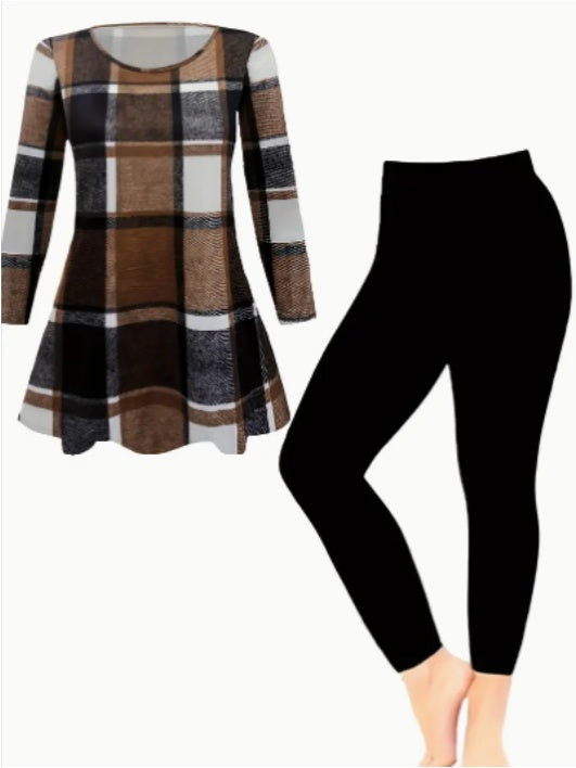 Plaid Two-piece Set, Casual Long Sleeve Crew Neck Top Pants Outfits