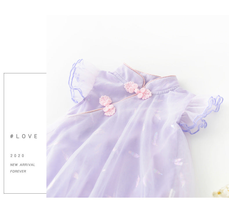 Baby Girl's Antique Style Buckle Mesh Feather Triangle Rompers Infant Onesie Dress