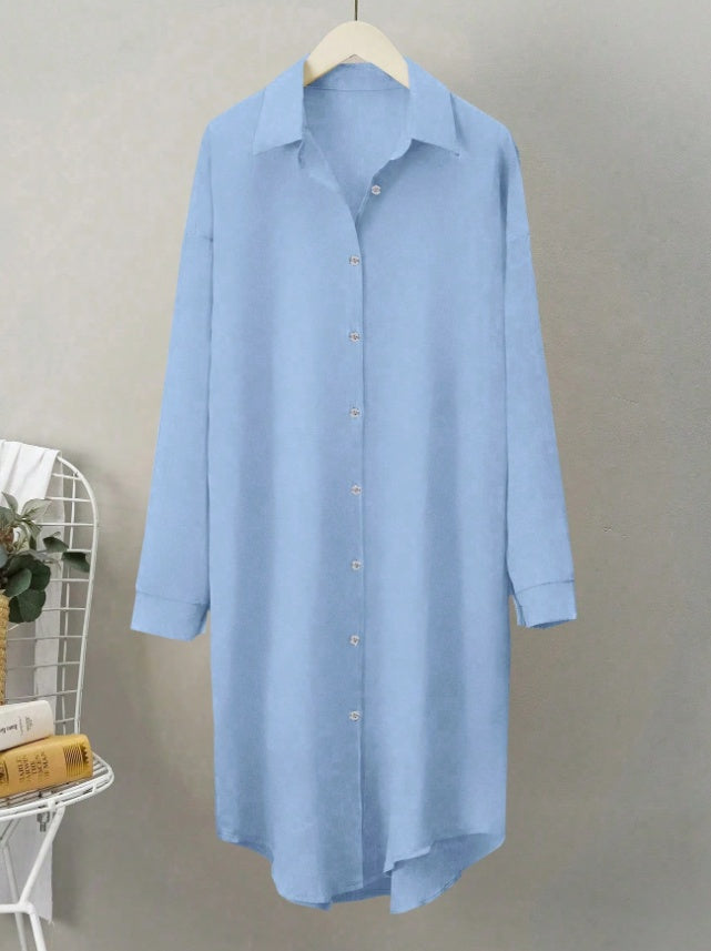 Pleated Long Button Down Dropped Shoulder Women Shirt