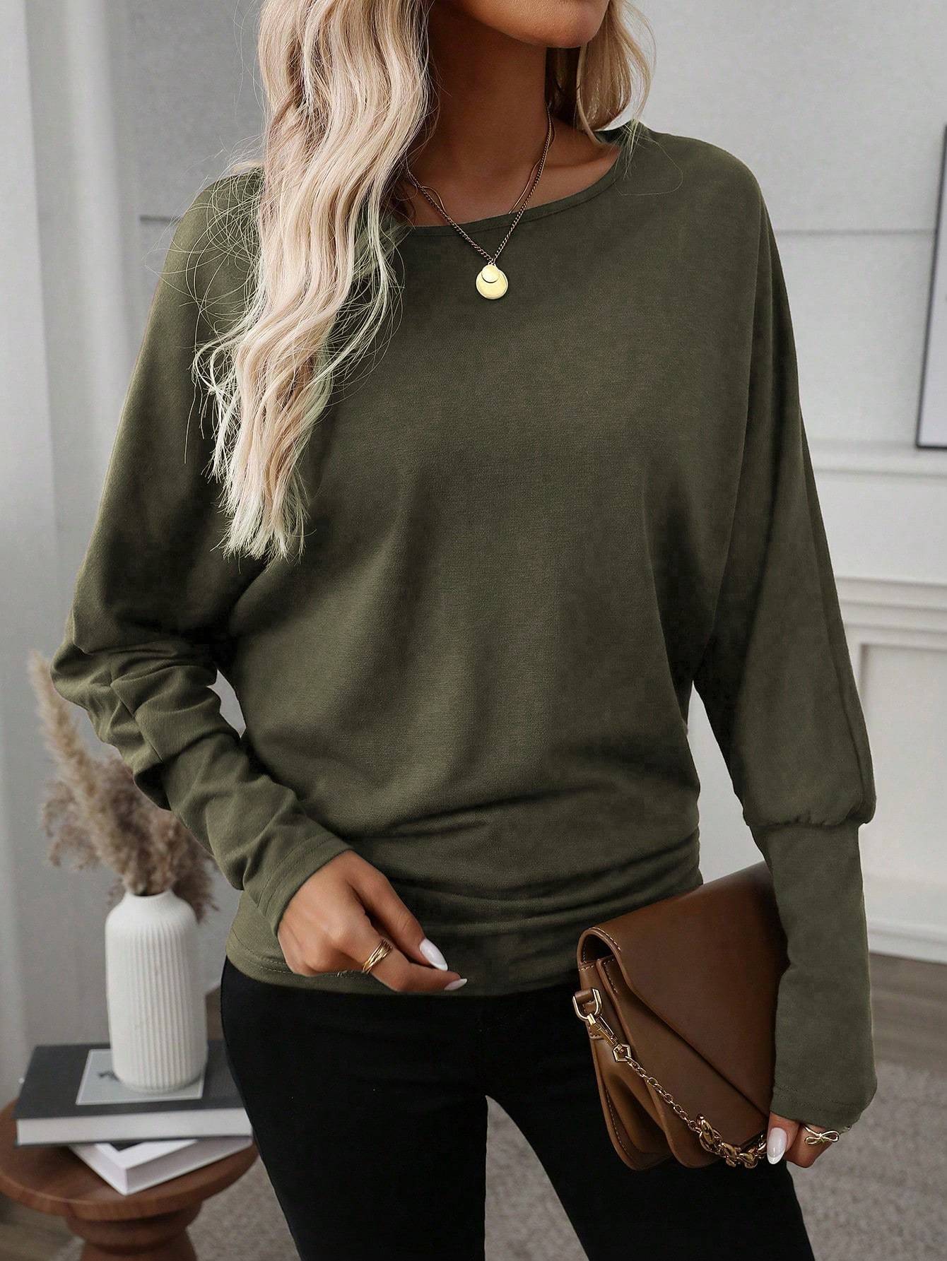 Women Solid Color Long Sleeve Minimalist Casual Top
