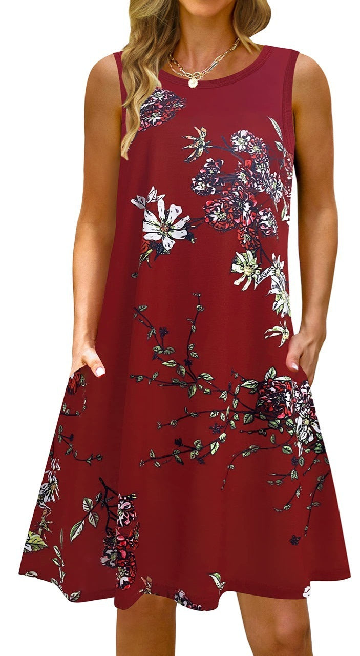 Printed Vest Pocket Dress Women