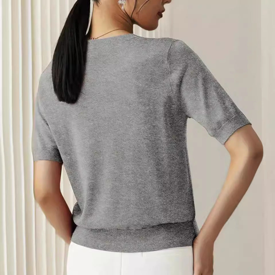 Simple Niche Round Neck Solid Color French Short Sleeve Sweater Sweater