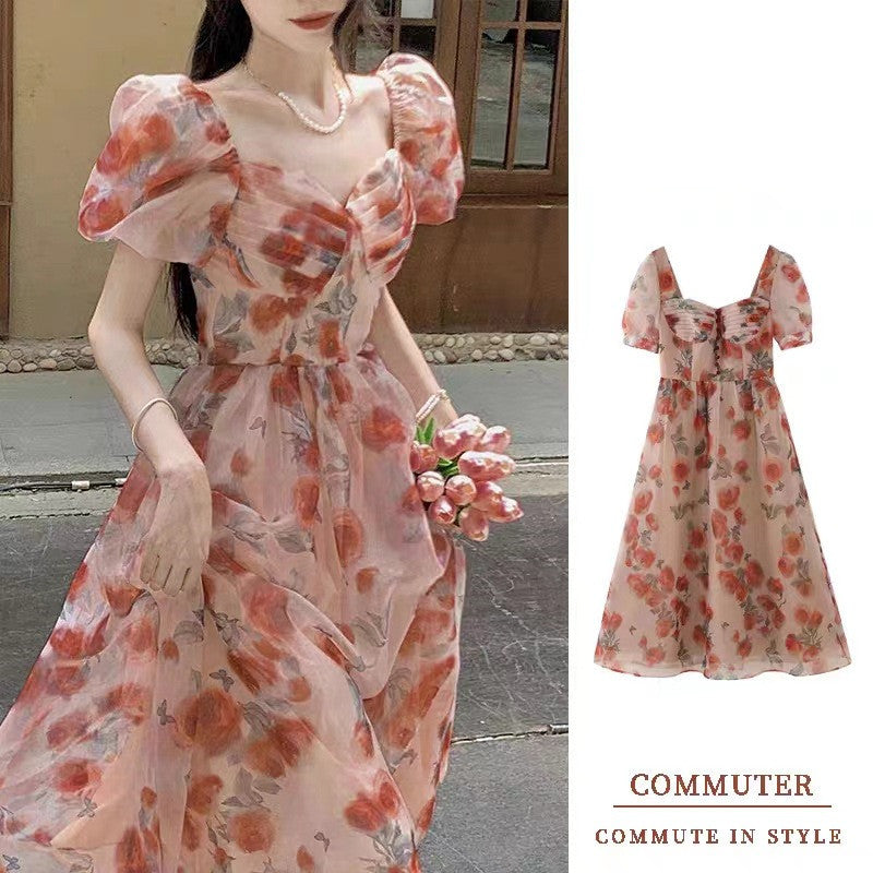 Square-neck Cinched Slimming Floral Dress
