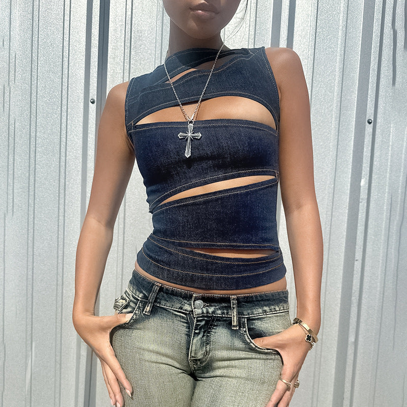 New Sexy Hollow-out Faux Denim Vest Top For Women