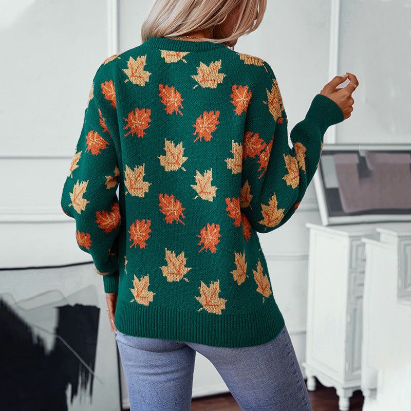 Sweater Female Maple Leaf Pattern Jacquard Leisure Pullover