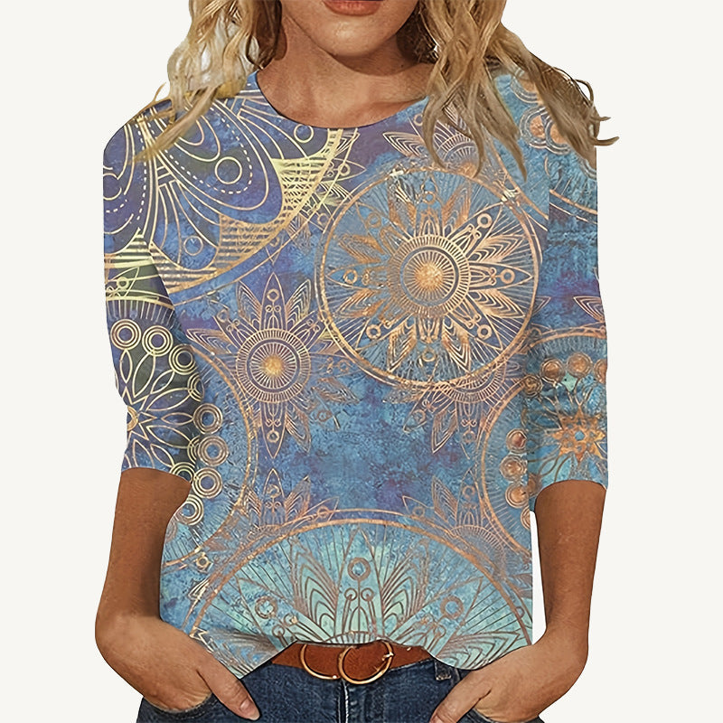 European And American Flower Plant Printed Round Neck Long Sleeve