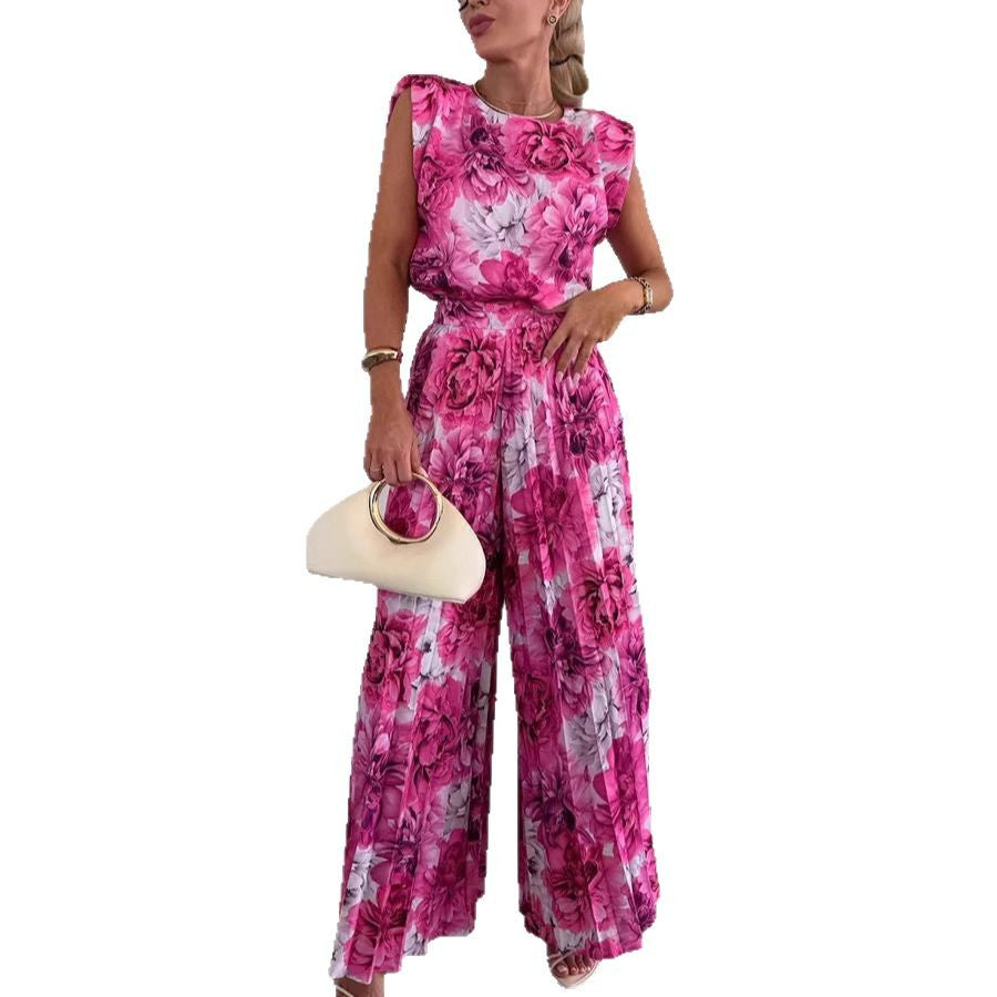 Round Neck Sleeveless Top Pleated Wide-leg Trousers Two-piece Set