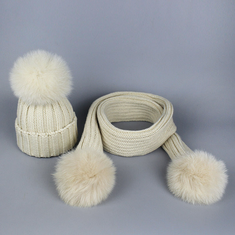 Knitted Hat Scarf Men's And Women's Autumn And Winter Warm Fox Fur Ball Wool Ball