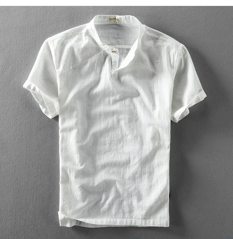 Casual Chinese Style Loose Standing Collar Cotton Linen Short Sleeved Shirt