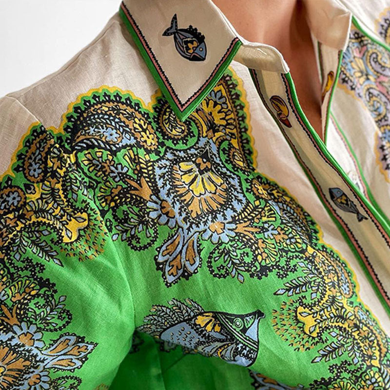 European And American Lapel Single Breasted Printed Long Sleeve Casual Dress