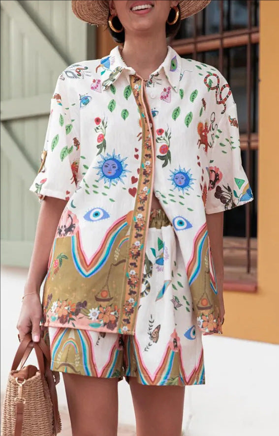 Women's Fashion Printed Casual Vacation Style Cardigan Shorts Suit