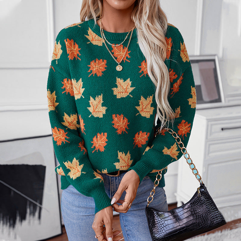 Sweater Female Maple Leaf Pattern Jacquard Leisure Pullover