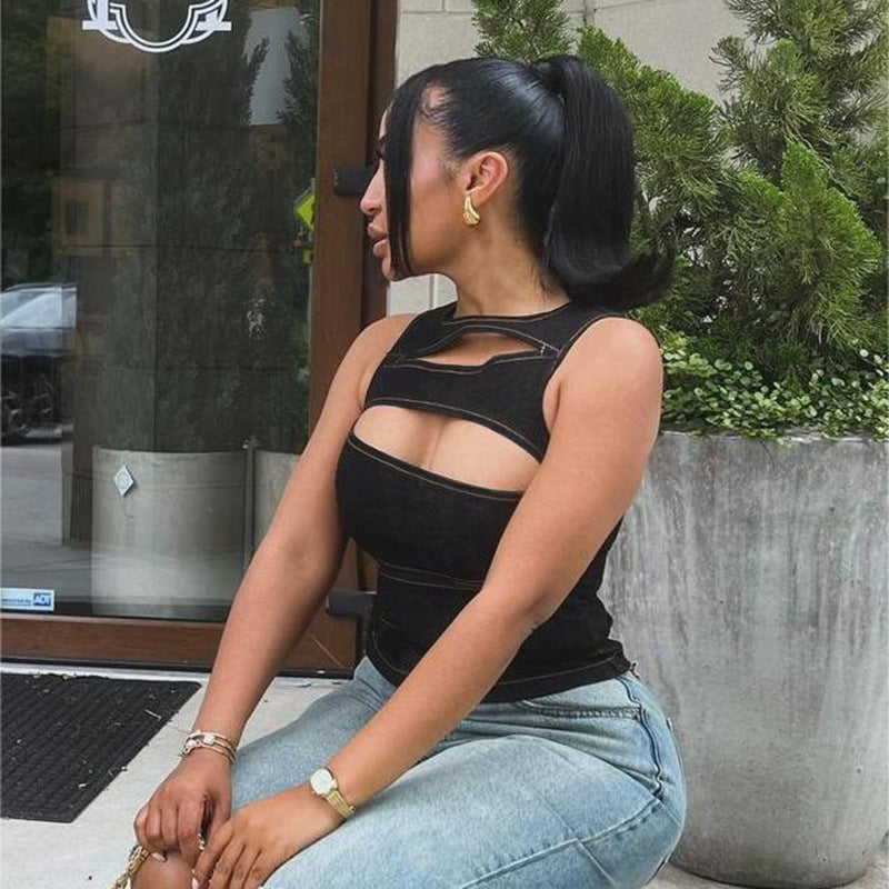 New Sexy Hollow-out Faux Denim Vest Top For Women