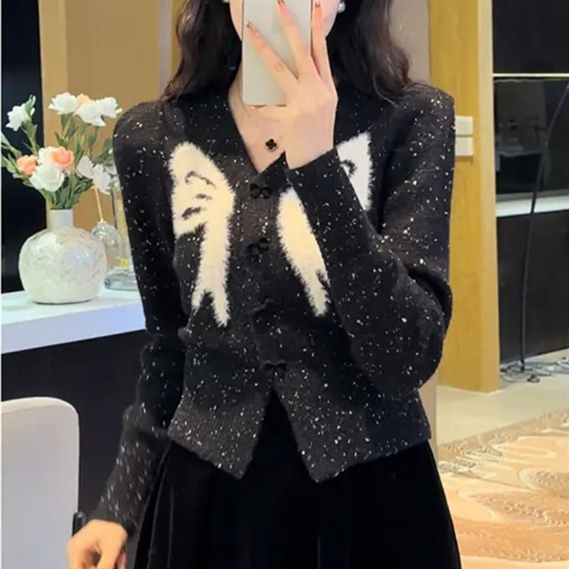 V-neck Bowknot Knitted Sweater Long Sleeve Sweater