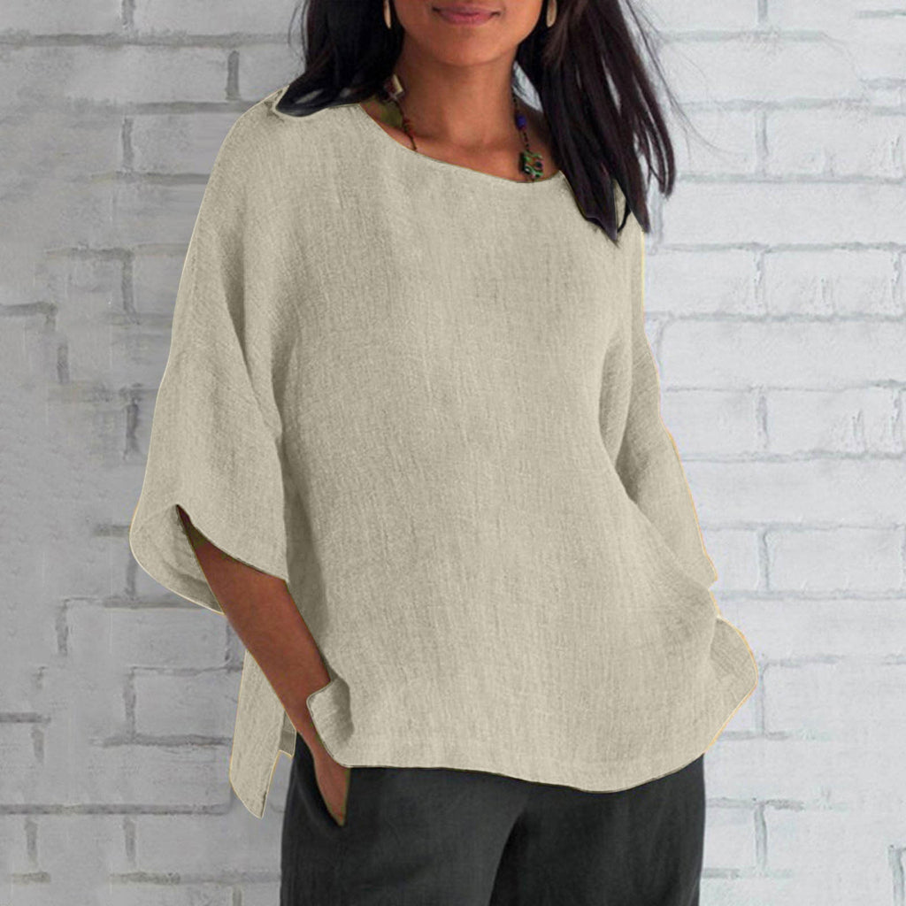 Women's Three-quarter Sleeve Round Neck Cotton And Linen Shirt Top