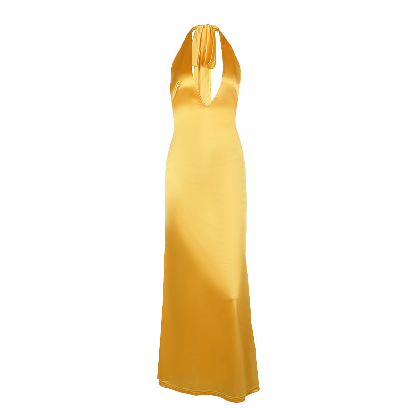 Elegant Sexy Slim Deep V Halter Strap Satin Dress