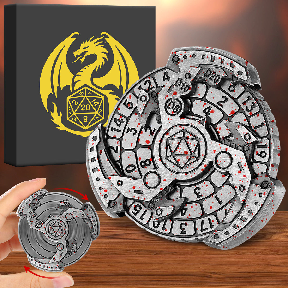 Wind And Fire Wheel DND Dice Wheel Gift Box Set, Fingertip Gyro Retro Compass Table Role Playing Game Dice, Parent Child Game, Toy Accessories Gift, Multiplayer Role Playing Board Game Accessories