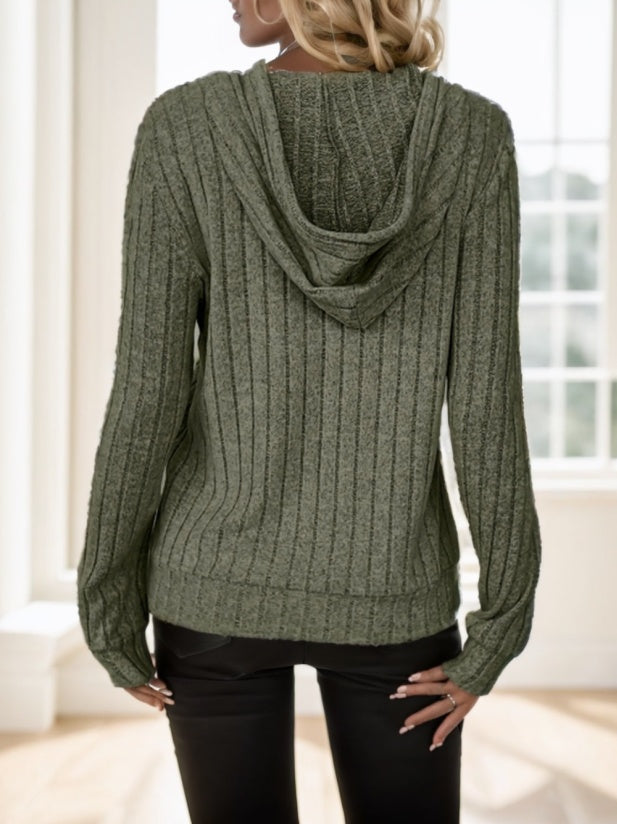 Solid Color Drawstring Ribbed Hoodie