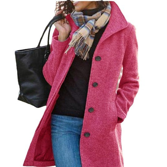 Ladies New Woolen Mid-length Multi-grain Buckle Cardigan Coat