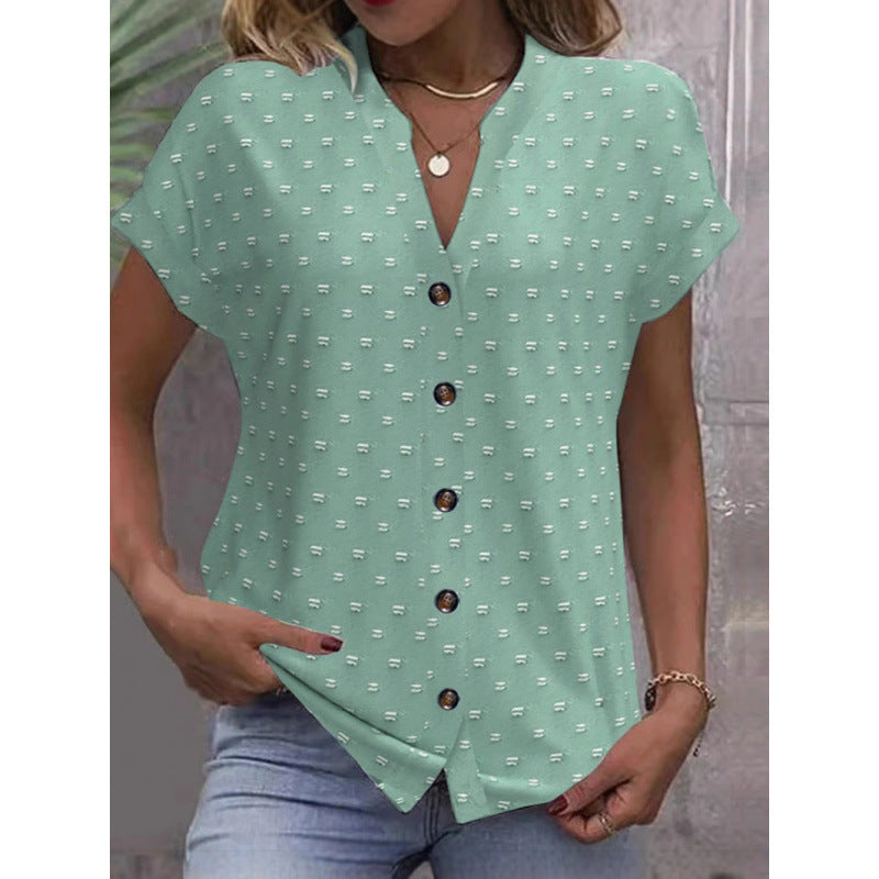 V-neck Short-sleeved Jacquard Top Casual Shirt