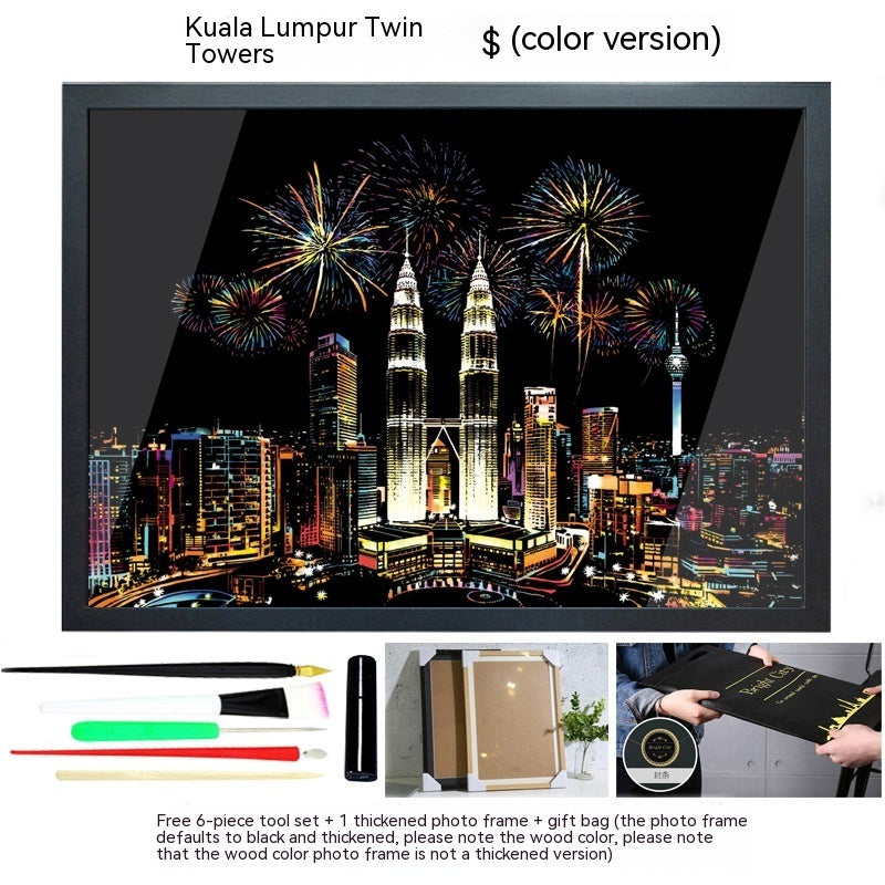 Colourful City Night Scene Hand Scratch Painting