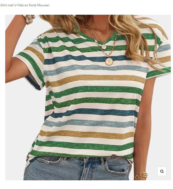 Casual Top Fashion Trend Stripes Short Sleeve Women V-neck