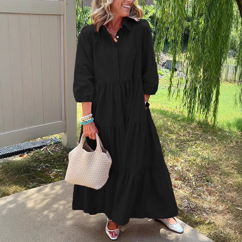 Casual Loose Lapels Mid-sleeve Large Swing Dress