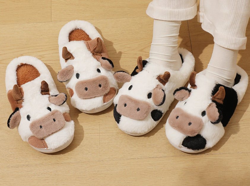 Indoor Home Cartoon Cow Fur Cotton Slippers Female