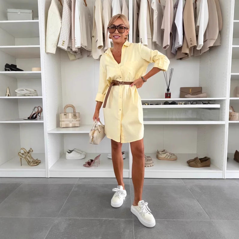 Summer Fashion All-matching Shirt With Belt Casual Midi Dress