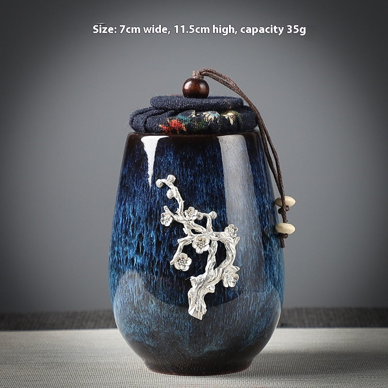 Ceramic Tea Sealed Jar With Inlaid Flowers