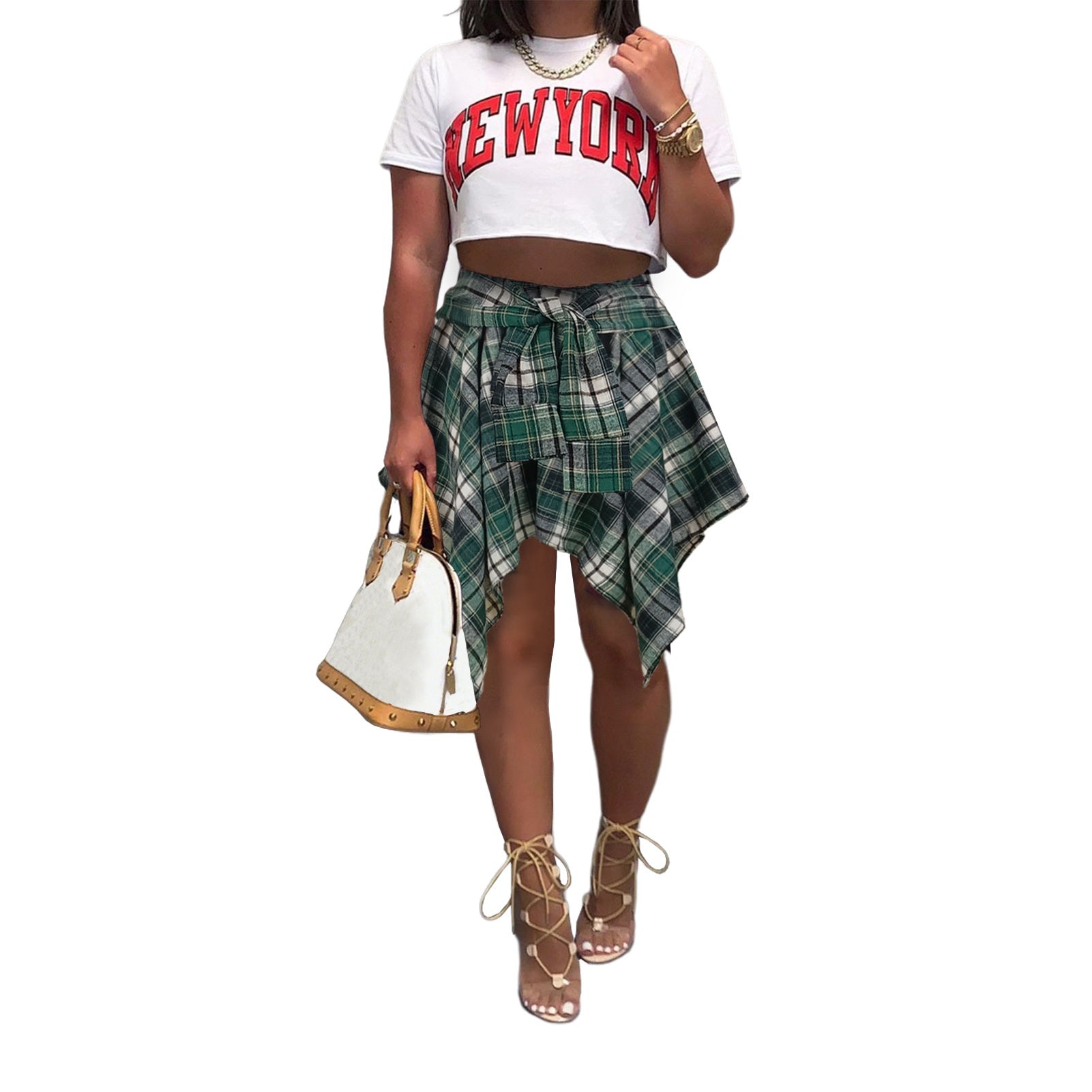 Women's Fashion Irregular Plaid Tied Sleeve Shirt Skirt