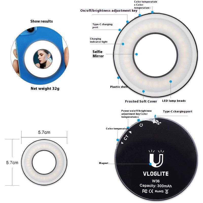 W36 Mobile Phone Fill-in Light Live Broadcast Mini Makeup Mirror Light