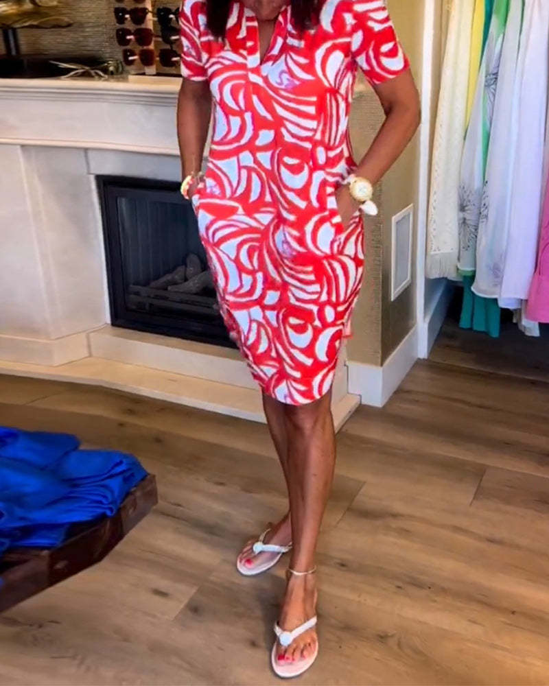 Women's Fashion Temperament Short Sleeve Printed V-neck Dress