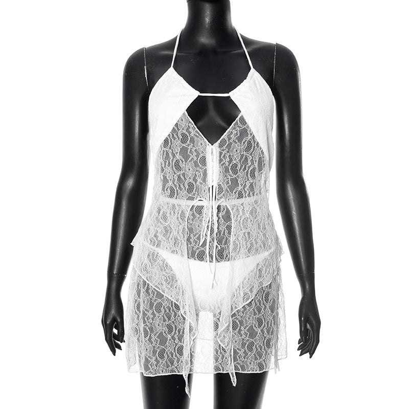 Spring And Summer Seaside Pure Desire Sexy Pure Color Mesh Slip Dress Set Women