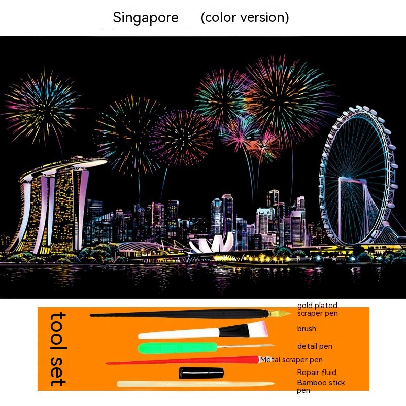 Colourful City Night Scene Hand Scratch Painting