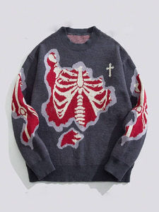 Personality Street Trend Dark Style Skeleton Jacquard Round Neck Pullover Knitted Sweater