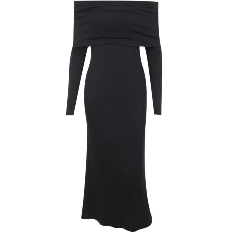 Knitted Off-shoulder Long Sleeve Fishtail Dress Ins Spring French Retro